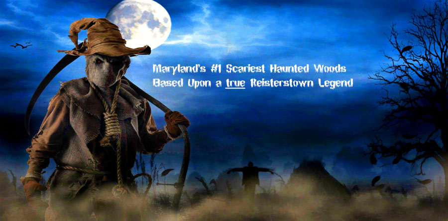 image of scary scarecrow walking through a foggy graveyard and the words Marylands Scariest Haunted Woods based upon a true Reisterstown Legend - Melinda